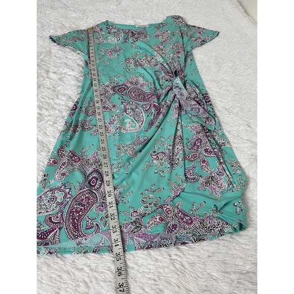Signature Bobbie Bee Dress Women's Size PM Teal Green Faux Wrap Paisley Bow Tie - Picture 3 of 12